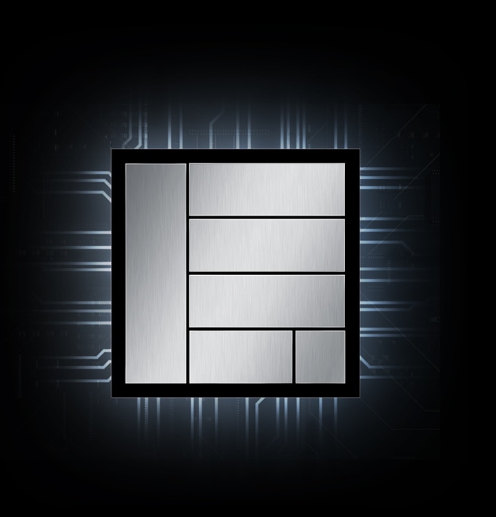 Illustration d'une puce de processeur, entourée de lignes lumineuses qui représentent les circuits à l'intérieur du téléphone.