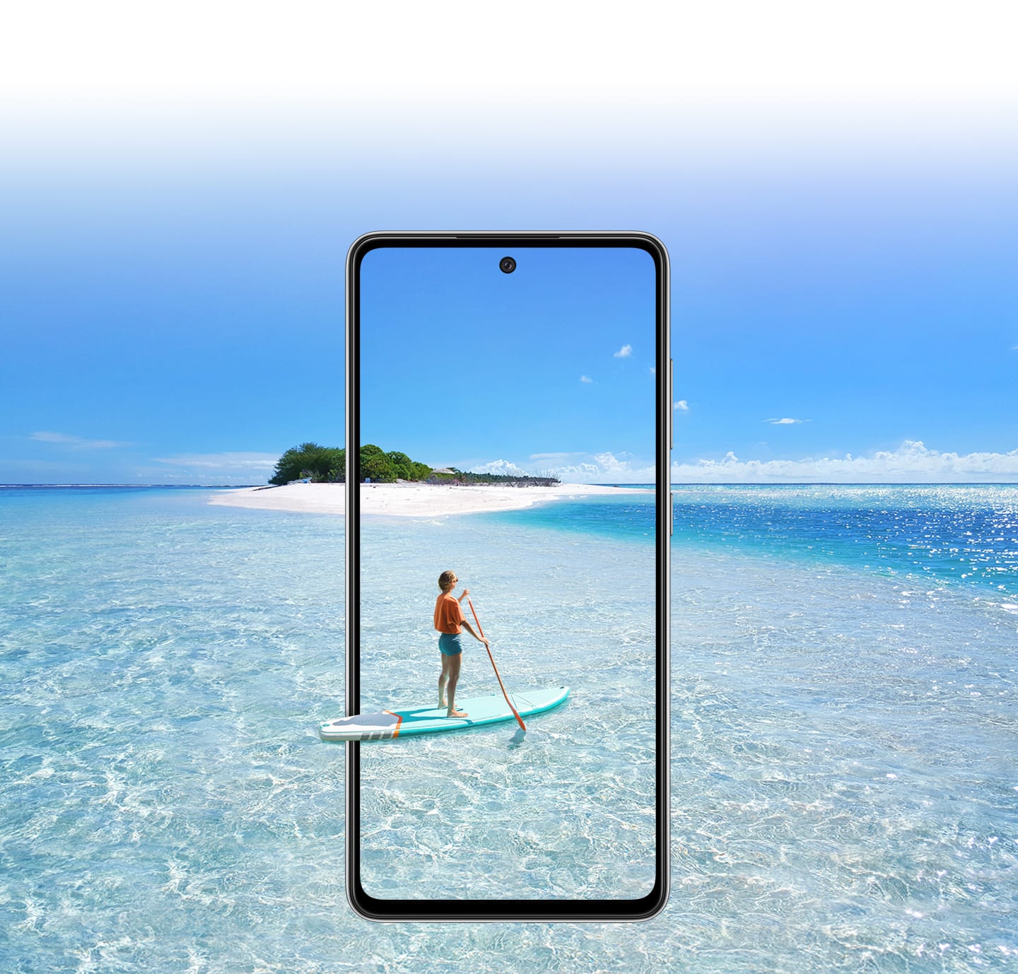 Galaxy A52s 5G seen from the front. Behind the phone and inside the display is a scene of a body of water and a small island. On the phone's screen is a person paddleboarding, and their paddleboard extends slightly outside the boundaries of the phone to represent the screen's immersive view. Text says Super Smooth, Brightness 800 nits and Eye Comfort Shield, with the SGS logo.