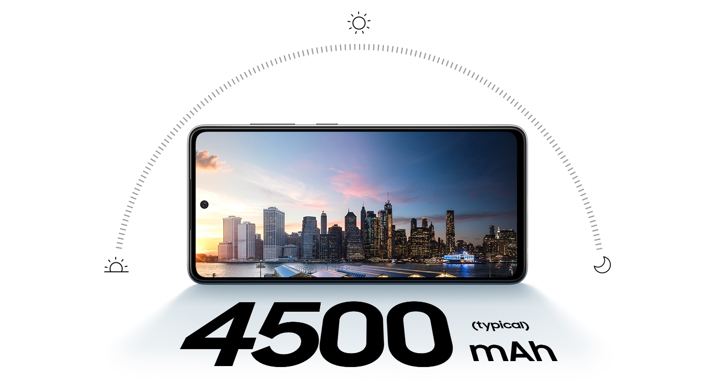 Le Galaxy A52s 5G en mode paysage et une ligne d'horizon de ville au coucher du soleil à l'écran. Au-dessus du téléphone se trouve un demi-cercle montrant la course du soleil au cours de la journée, avec les icônes d'un soleil levant, d'un soleil brillant et d'une lune pour représenter le lever du soleil, le milieu de la journée et la nuit. Le texte indique 4 500 mAh (typique).