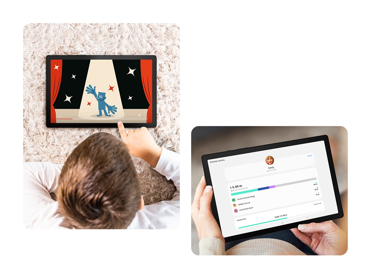 *gauche Un enfant regarde un contenu animé sur Samsung Kids. Son index tend vers la barre de progression en bas de l'écran de la Galaxy Tab A8.  *droite L'application Samsung Kids est ouverte sur la Galaxy Tab A8. L'écran affiche le tableau de bord de l'utilisation des enfants avec des barres de temps accessibles via le contrôle parental.