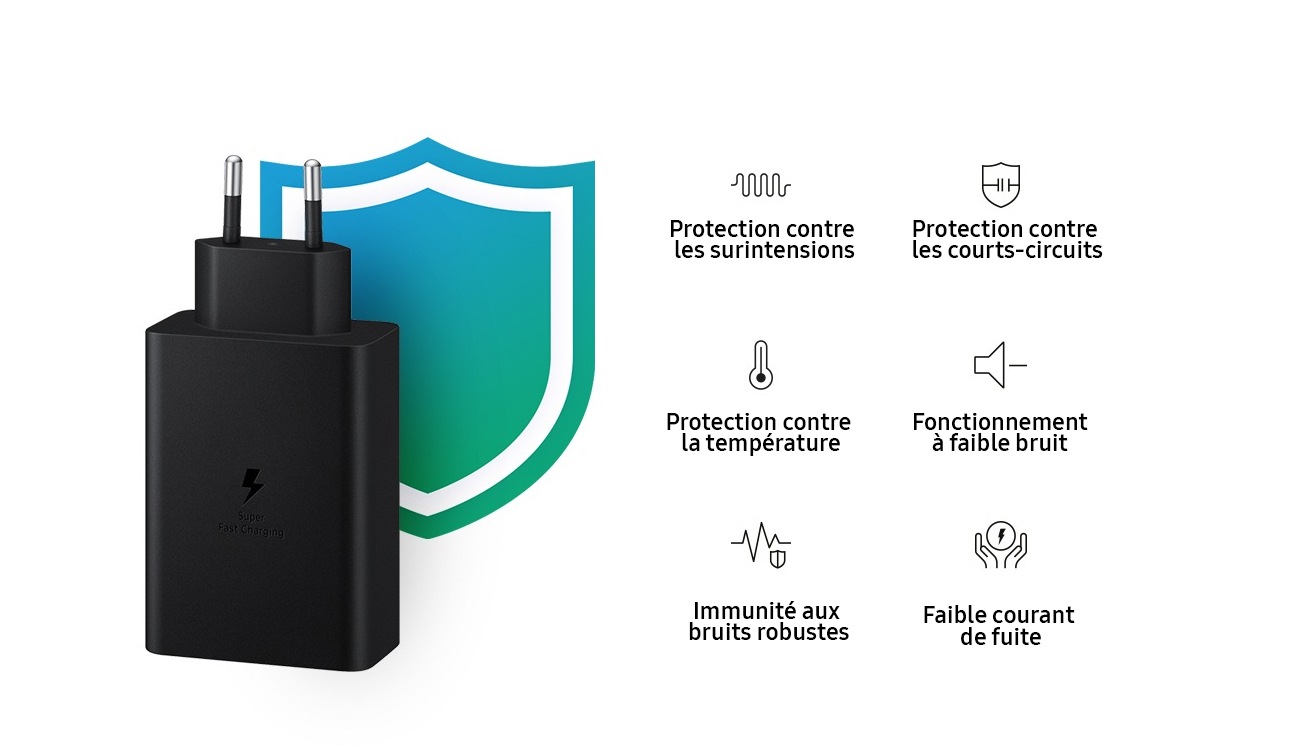 L'adaptateur 65W est posé sur son extrémité, la fiche étant orientée vers le haut, devant un écran vert illustré. Sur la droite, il y a 6 icônes de sécurité avec du texte sous chacune d'elles : Protection contre les surintensités, protection contre la température, immunité robuste au bruit, protection contre les courts-circuits, fonctionnement à faible bruit, faible courant de fuite.