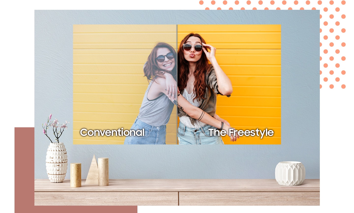 A Projected Photo on a Blue Wall of Two Friends is split in half. The Left is labeled conventional and is muted in color. The right is labeled the freestyle and display the accurate colors. The Walls Change Colors from Blue to Pink and Green But the Freestyle Keeps to Display The Accurate Colors