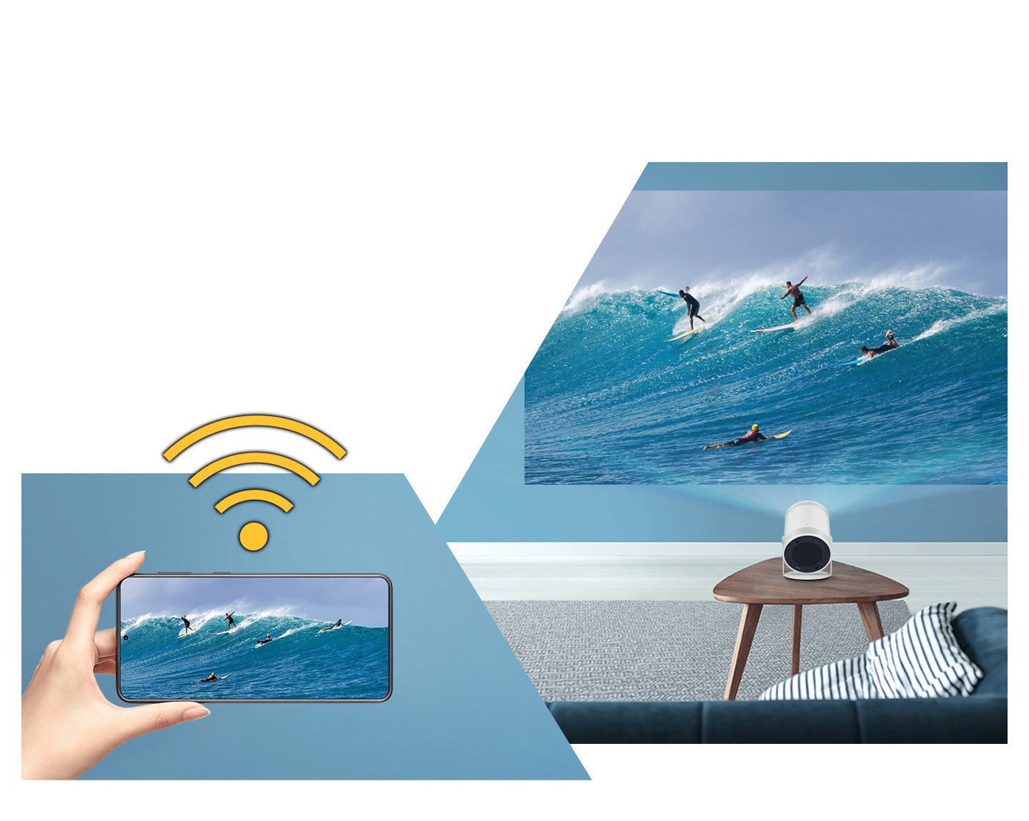 Wi-Fi sign over a hand holding a mobile device. A surfing picture on the mobile device is mirrored on The Freestyle's large screen.