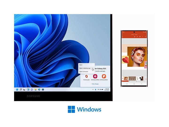 A Galaxy Book2 Pro 360 dan Ultra Galaxy S22 diletakkan di sebelah satu sama lain. Di skrin PC, terdapat kertas dinding biru bergelombang dengan aplikasi baru -baru ini aplikasi mudah alih di sudut kanan bawah. Aplikasi terkini ialah PowerPoint, Samsung Gallery dan Samsung Nota. Kursor tetikus berada pada butang terbuka dalam aplikasi desktop pada skrin PC. Pada Galaxy S22 Ultra, di sebelah kanan, Microsoft PowerPoint dibuka dengan slaid yang mengandungi jurulatih berwarna serta wajah seorang wanita yang dibuat dengan cara yang berwarna -warni. Di bawah, terdapat logo Microsoft Windows