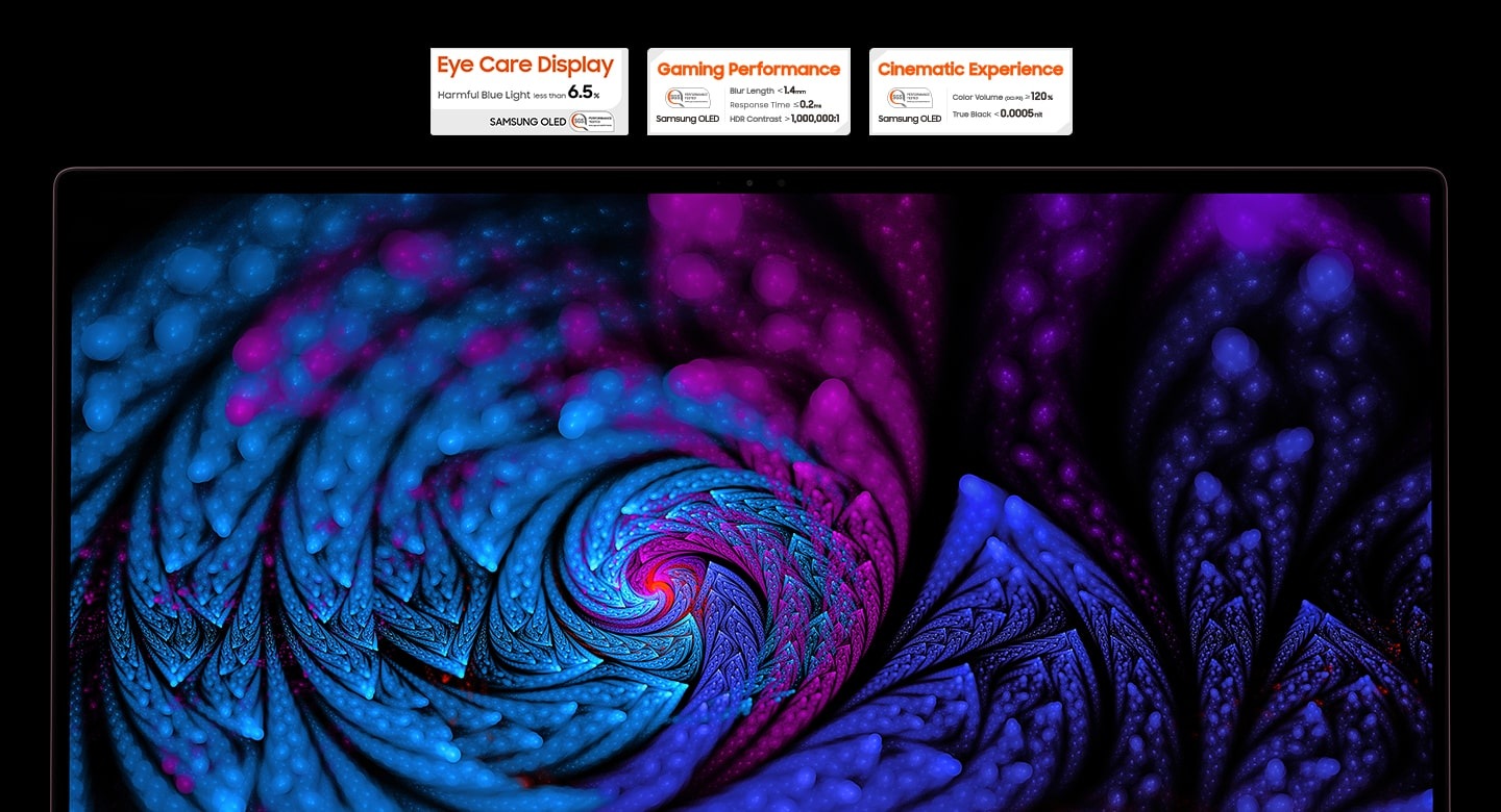 Se muestra un objeto geométrico azul y púrpura con patrones complejos en la pantalla de un Galaxy Book2 Pro 360. Por encima de la pantalla hay 3 certificaciones SGS. La certificación de visualización de ojos ocular permite menos del 6.5% de luz azul dañina. La certificación de rendimiento del juego indica que el tamaño del desenfoque es inferior a 1.4 mm, que el tiempo de respuesta se reduce a 0.2 ms y que el contraste HDR corresponde a más de 1,000,000: 1. La certificación Cinematic Experience tiene un nivel de color superior al 120% y los negros menos de 0.0005 nit
