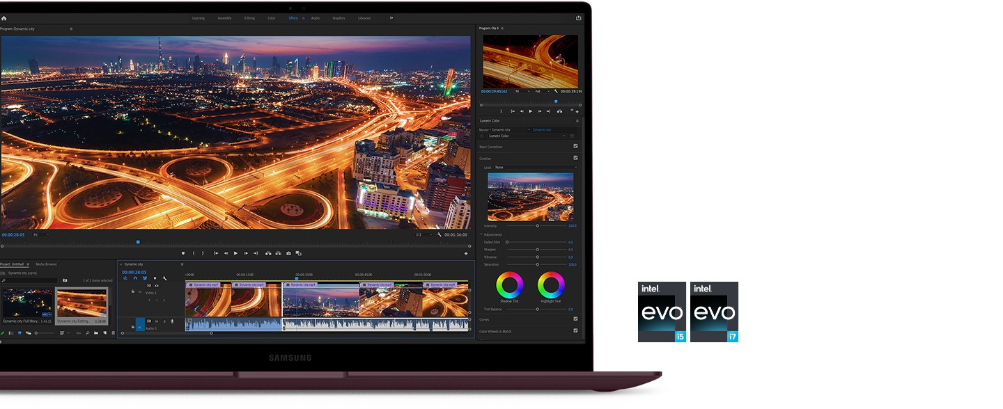 Galaxy Book2 Pro 360が正面から見られ、Adobe Premiere Pro 2022が画面に開かれています。ビジュアルでは、都市の隣に高速道路の計画がある夜のビデオのモンタージュであることがわかります。右側には、それぞれCore™I5およびI7プロセッサが提供するIntel®EVO™の2つの認証ロゴがあります。