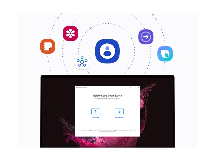 El Galaxy Book Smart Switch está en marcha en un Galaxy Book2 Pro 360. Hay dos iconos de PC en la pantalla, cada uno con una flecha hacia arriba y hacia abajo con los textos, enviar archivos y recibir archivos. Por encima de la pantalla Smart Switch hay varios iconos de aplicación Galaxy, como contactos, Samsung Notes, Samsung Gallery, SmartThings, Quick Share y Bixby, a los que los usuarios pueden acceder a él a la vez gracias