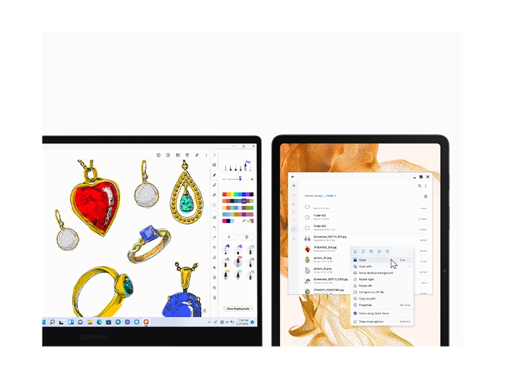 Galaxy Book2 ProとGalaxy Tab S8は互いに隣接しています。 PCでは、Samsung Notesアプリケーションにさまざまなジュエリーのスケッチを見ることができます。右側のタブレットには、画像ファイルのリストがフォルダーにあります。マウスカーソルが開いたボタンにあります。