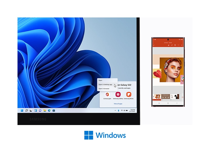 En Galaxy Book2 Pro og en Ultra Galaxy S22 plasseres ved siden av hverandre. På PC -skjermen er det et bølget blått bakgrunnsbilde med nyere apper av mobilappene i nedre høyre hjørne. Nyere applikasjoner er PowerPoint, Samsung Gallery og Samsung Notes. En musemarkør er på den åpne knappen i skrivebordsapplikasjonen på PC -skjermen. På en Galaxy S22 Ultra, til høyre, er Microsoft PowerPoint åpen med et lysbilde som inneholder fargede trenere så vel som ansiktet til en laget -Up -kvinne på en fargerik måte. Nedenfor er det en Microsoft Windows -logo