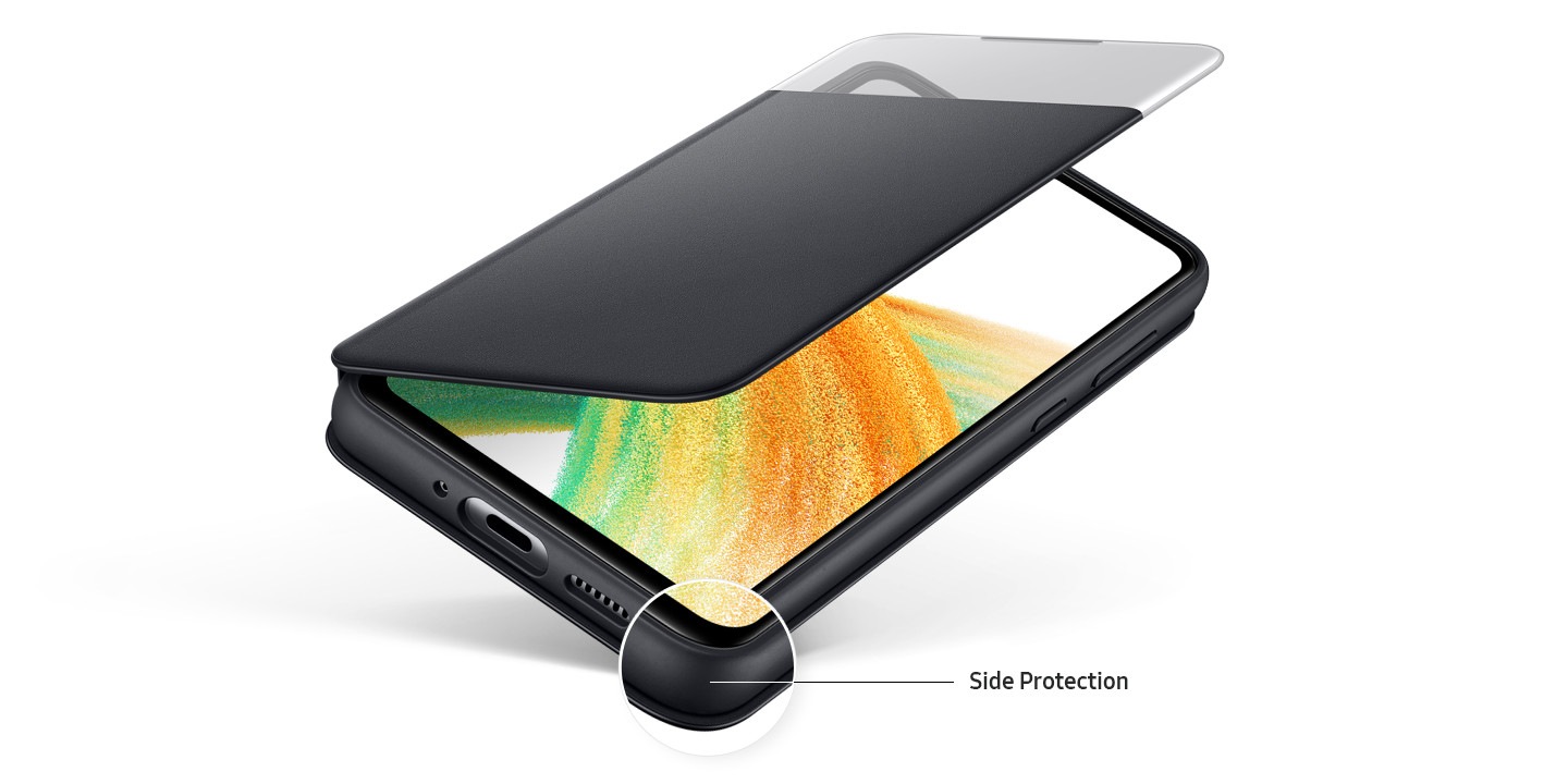 Galaxy A33 with black S View Wallet Cover opened halfway, showing on-screen of the device. Edge of Phone highlighted and text says side protection.