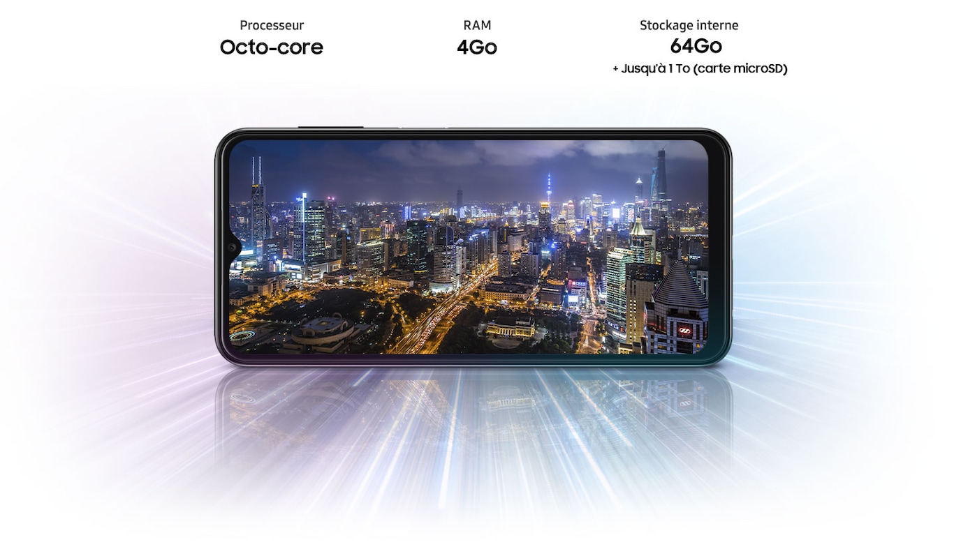 Galaxy A13 shows night city view, indicating device offers Octa-core processor, 3GB/4GB/6GB RAM, 32GB/64GB128GB with up to 1TB-storage.