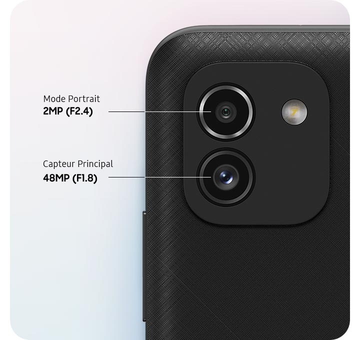 Cette photographie met en avant les capteurs présents sur le Galaxy A03 : Mode Portrait, Capteur principal.