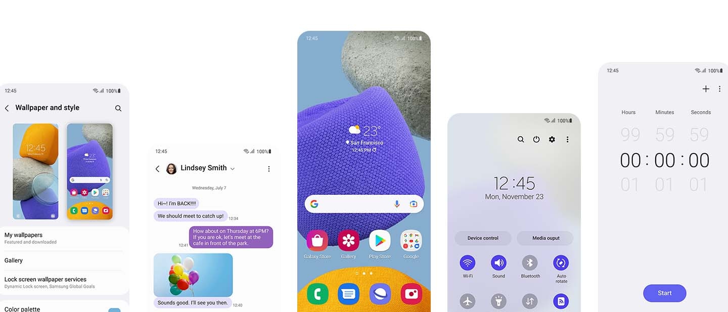 Cinq écrans différents du Galaxy M23 5G montrant un ensemble personnalisé de couleurs et en utilisant One UI 4. De gauche à droite, les écrans montrent : le papier peint et le menu de style sur les paramètres, une conversation de message texte avec des bulles de texte violet et pourpre personnalisés, un écran d’accueil personnalisé, un menu de réglages rapides personnalisés et un écran de minuterie personnalisé.