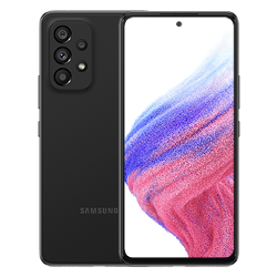 2. Galaxy A53 5G in Awesome Black seen from the front with a colorful wallpaper onscreen. It spins slowly, showing the display, then the smooth rounded side of the phone with the SIM tray, then the matte finish and the minimal camera housing on the rear and comes to a stop at the front view again.