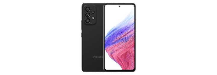 2. Galaxy A53 5G in Awesome Black seen from the front with a colorful wallpaper onscreen. It spins slowly, showing the display, then the smooth rounded side of the phone with the SIM tray, then the matte finish and the minimal camera housing on the rear and comes to a stop at the front view again.