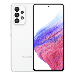 3. Galaxy A53 5G in Awesome White seen from the front with a colorful wallpaper onscreen. It spins slowly, showing the display, then the smooth rounded side of the phone with the SIM tray, then the matte finish and the minimal camera housing on the rear and comes to a stop at the front view again.