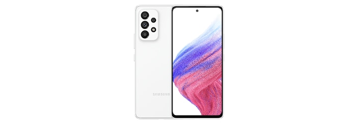 3. Galaxy A53 5G in Awesome White seen from the front with a colorful wallpaper onscreen. It spins slowly, showing the display, then the smooth rounded side of the phone with the SIM tray, then the matte finish and the minimal camera housing on the rear and comes to a stop at the front view again.