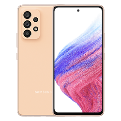 4. Galaxy A53 5G in Awesome Peach seen from the front with a colorful wallpaper onscreen. It spins slowly, showing the display, then the smooth rounded side of the phone with the SIM tray, then the matte finish and the minimal camera housing on the rear and comes to a stop at the front view again.