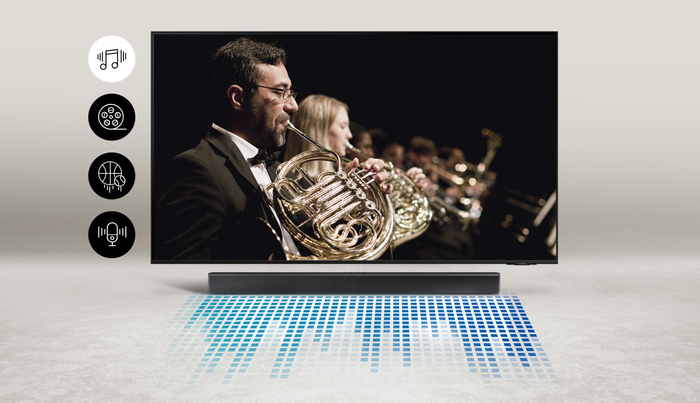 A TV shows orchestra and the soundbar shows it's audio waves. Music, movie, motorsport, and news icon can be seen on left.