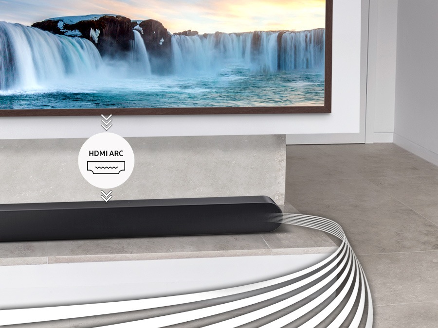 Les graphiques d'ondes sonores montrent le son sortant de la barre de son. L'infographie HDMI ARC entre le téléviseur et la barre de son indique que le son est diffusé par la barre de son via un appareil connecté au téléviseur avec HDMI.
