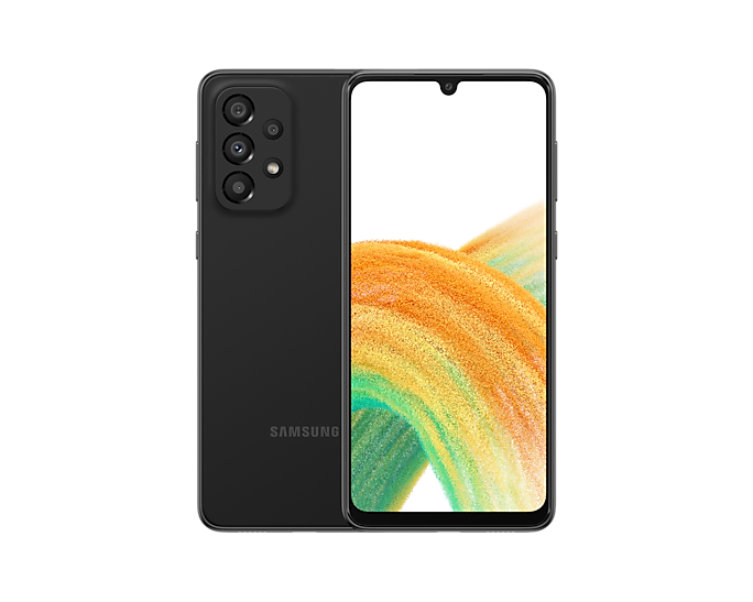 Le Galaxy A33 5G noir est vu de face avec un fond d'écran coloré. Il tourne lentement, montrant l'écran, puis le côté lisse et arrondi du téléphone avec le port SIM puis nous passons sur la finition mate et l'intégration du bloc photo à l'arrière.