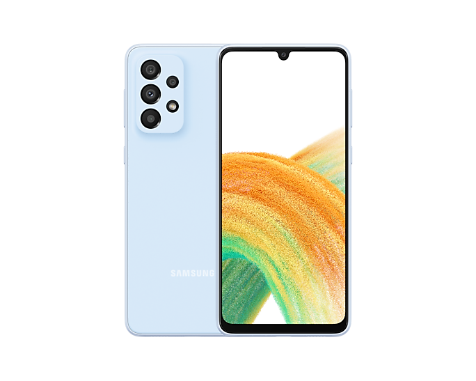 Le Galaxy A33 5G bleu est vu de face avec un fond d'écran coloré. Il tourne lentement, montrant l'écran, puis le côté lisse et arrondi du téléphone avec le port SIM puis nous passons sur la finition mate et l'intégration du bloc photo à l'arrière. 