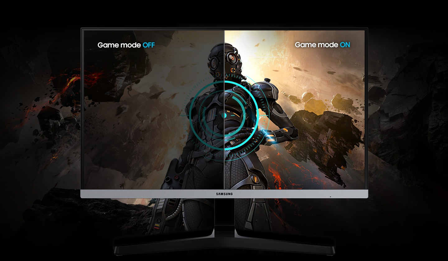 Comparing Game mode off and Game mode On. In Game mode off, the screen is dark, but in Game mode On, the screen is bright and dark parts are seen in detail.