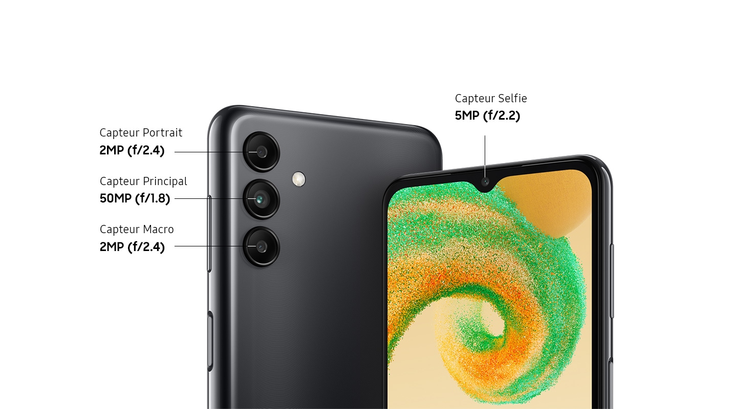 Deux modèles de Galaxy A04s, tous deux en noir, montrent la face arrière et la face avant de l'appareil. Sur la gauche, la face arrière de l'appareil montre la caméra de profondeur de 2MP F2.4, la caméra principale de 50MP F1.8 et la caméra macro de 2MP F2.4. Sur la droite, la face avant de l'appareil montre la caméra frontale de 5MP F2.2.