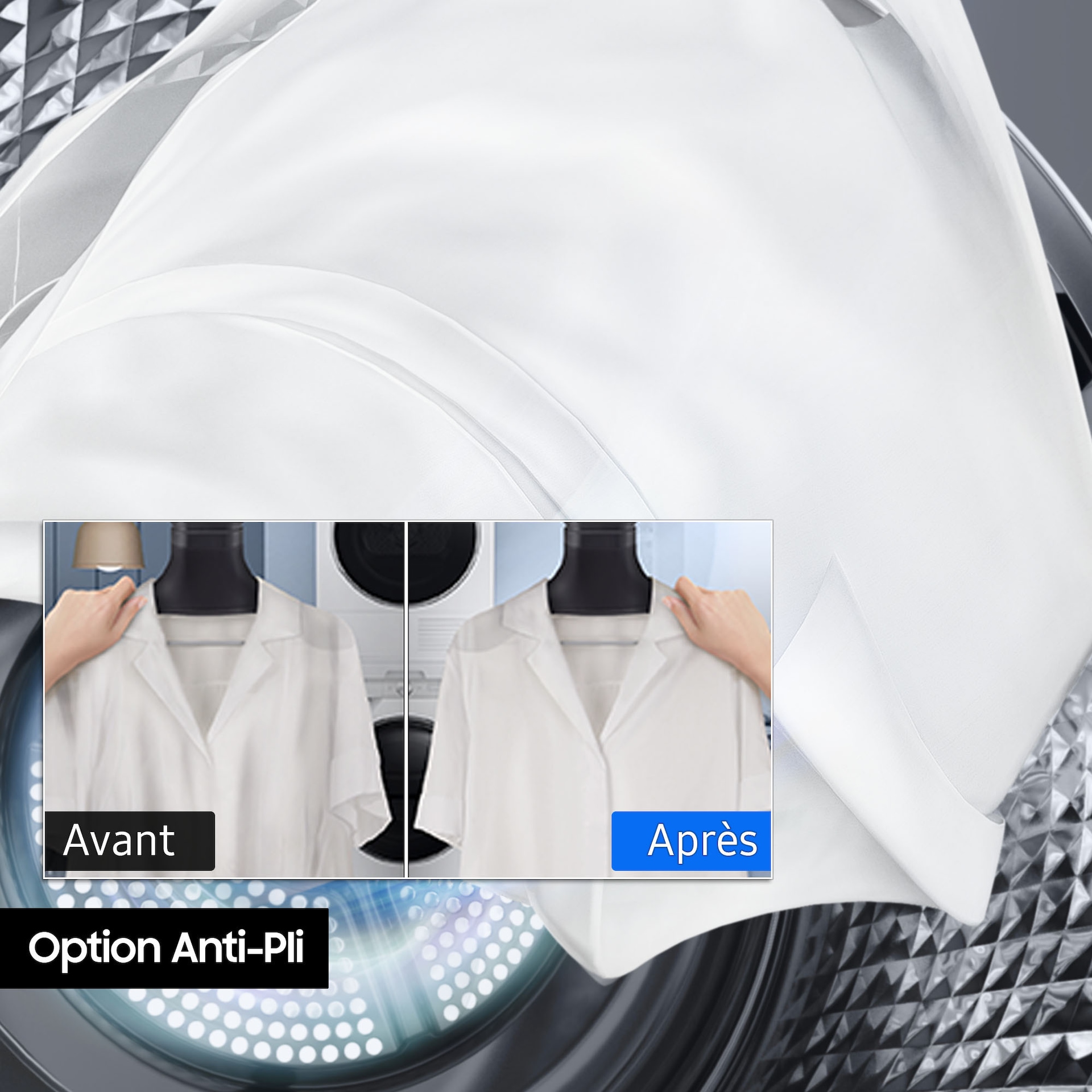 Inside the drum, air winds are causing the shirts to float. The shirt is wrinkled before the Wrinkle Prevent function, but after the function, the neat shirt can be checked without wrinkles.