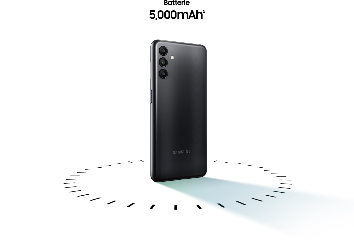 Galaxy A04s is standing with its back turned, surrounded by a dotted circle. Above are the words Battery 5,000mAh. 1