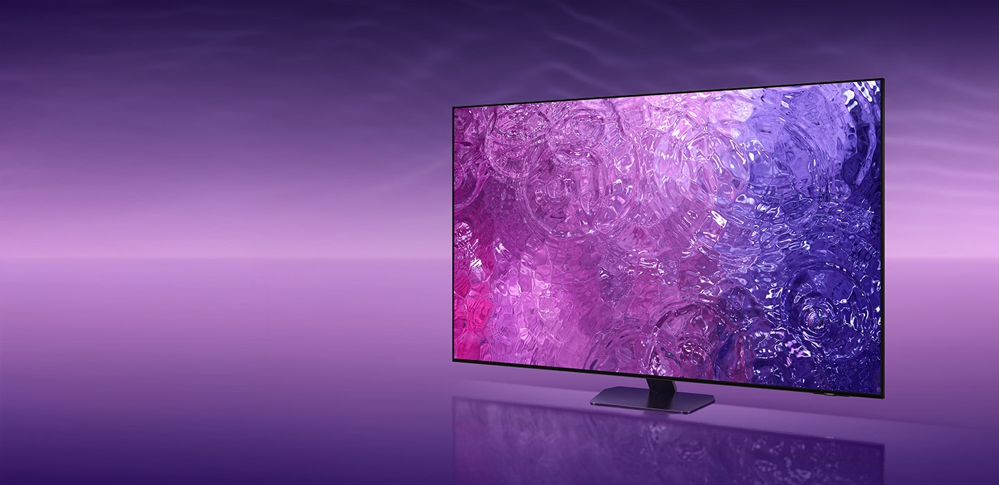 A Neo QLED TV displays a purple graphic on its screen.