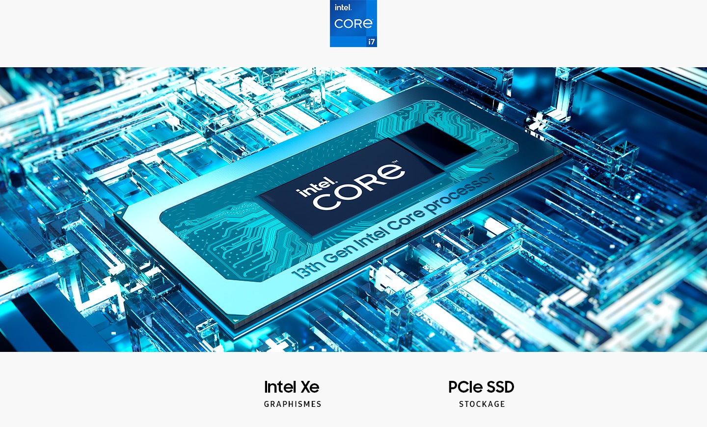Процессор Intel® Core ™ 13 -го поколения находится на материнской плате с текстом Intel® Core ™ в середине. Intel XE. PCIE SSD Storage. Логотип Intel Core i7 представлен