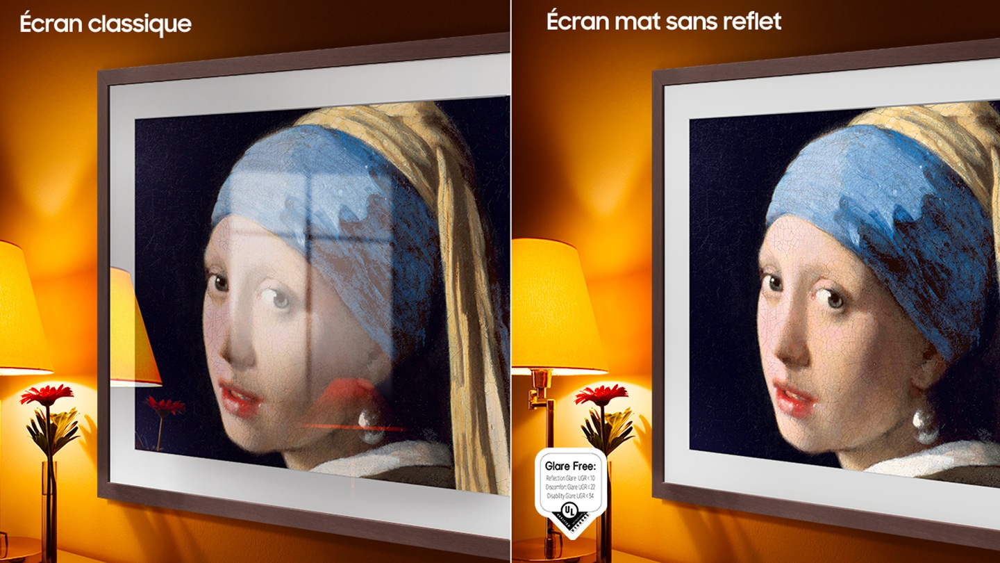 O lado esquerdo da tela com a palavra convencional 'mostra o quadro exibindo uma obra de arte cheia de reflexões. O lado direito da tela com as palavras † visor fosco 'mostra o quadro com a mesma pintura sem reflexões. Um logotipo certificado sem reflexão está no lado inferior esquerdo