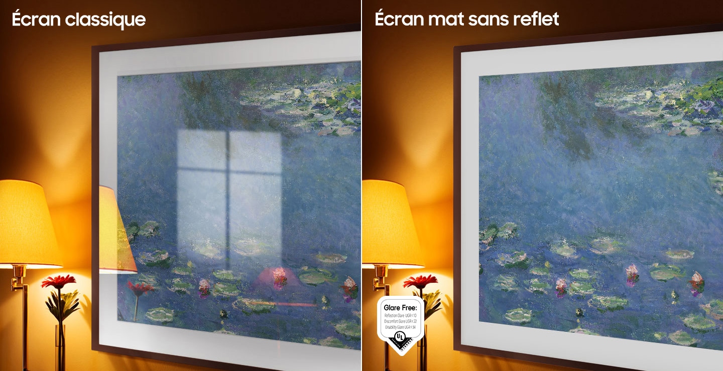 The left side of the screen with the conventional word 'shows The Frame displaying a work of art full of reflections. The right side of the screen with the words † Matte Display 'shows The Frame with the same painting without reflections. A certified logo without reflection is on the lower left side
