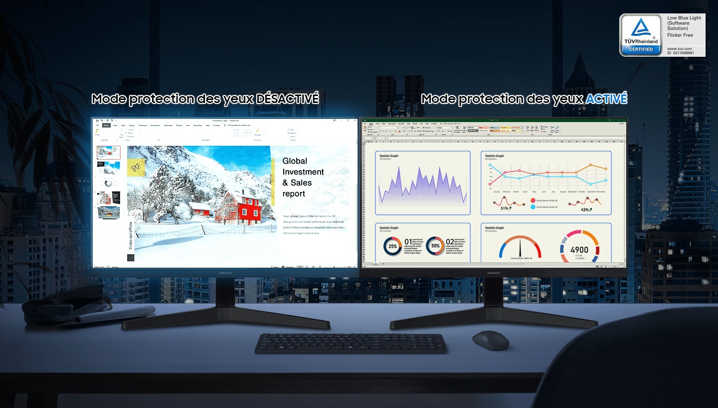 Des moniteurs en mode Eye Saver OFF et en mode Eye Saver ON sont placés côte à côte sur le bureau la nuit. Le moniteur en mode Eye Saver OFF provoque une forte fatigue oculaire due à la lumière bleue. Le moniteur en mode Eye Saver ON bloque la lumière bleue pour réduire la fatigue oculaire. En haut se trouve la marque de certification TÜV Rheinland.