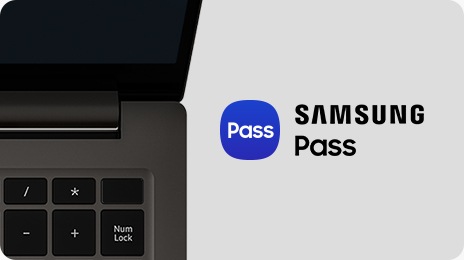 Feche a visão -up do lado direito de um livro de galáxia aberto e frontal e frontal3. À direita, o logotipo da Samsung Pass