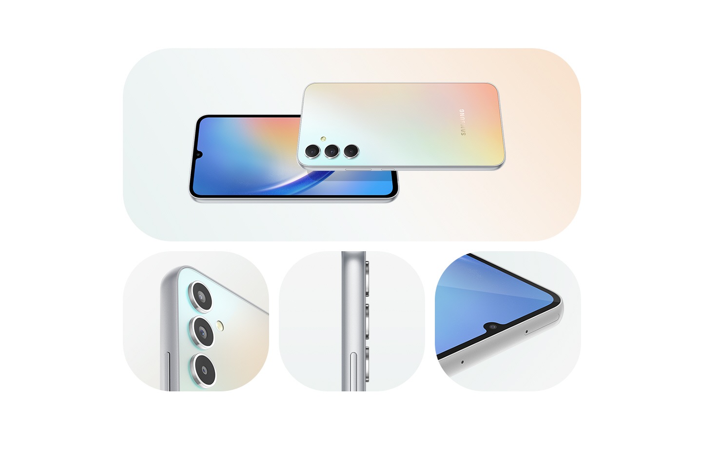 2. Le design du Galaxy A34 5G est montré avec des appareils en Argenté. Les faces avant et arrière sont montrées, ainsi que des gros plans du système multi-caméra arrière, de la face latérale et de la caméra avant.