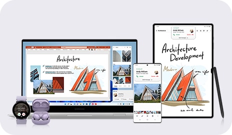 Différents appareils Galaxy sont visibles. En partant de la gauche, on trouve la Galaxy Watch, les Galaxy Buds, le Galaxy Book, le smartphone Galaxy, la Galaxy Tab et le S Pen. Certaines parties du dessin réalisé sur la Galaxy Tab se trouvent sur un document affiché sur le Galaxy Book.