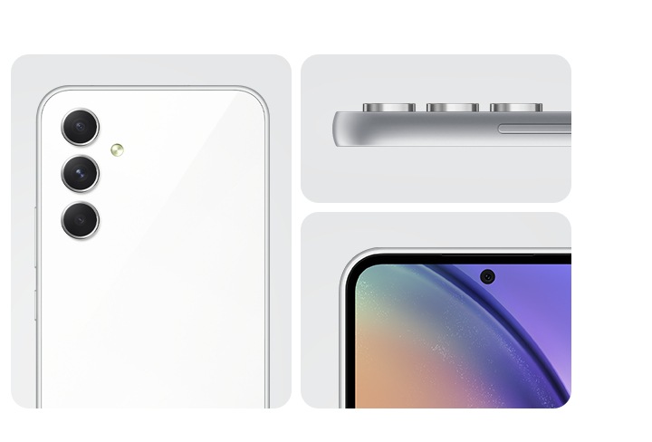 4. Um Galaxy A54 5G em White Awesome está mostrando o layout da câmera, a vista lateral do layout da câmera e a frente do dispositivo