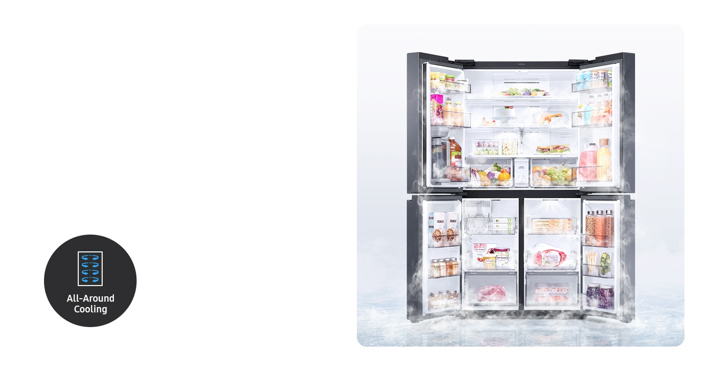 Réfrigérateur grand ouvert montrant le froid se dégager du produit