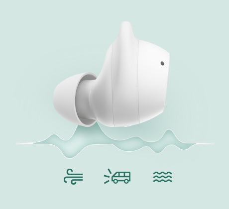 Vue latérale d’un écouteur Galaxy Buds FE. Trois icônes représentant le vent, le klaxon de voiture et le bruit illustrées ci-dessous.