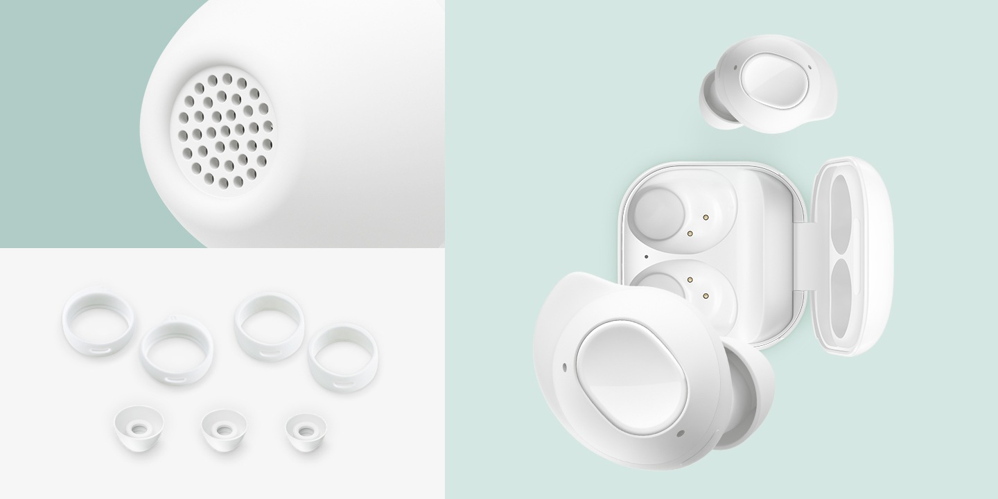 Gros plan de l’embout des Galaxy Buds FE. Une pose plate de bouts d'ailes et de bouts d'oreilles de différentes tailles. Etui Galaxy Buds FE ouvert avec deux écouteurs flottant à l’extérieur du boîtier.