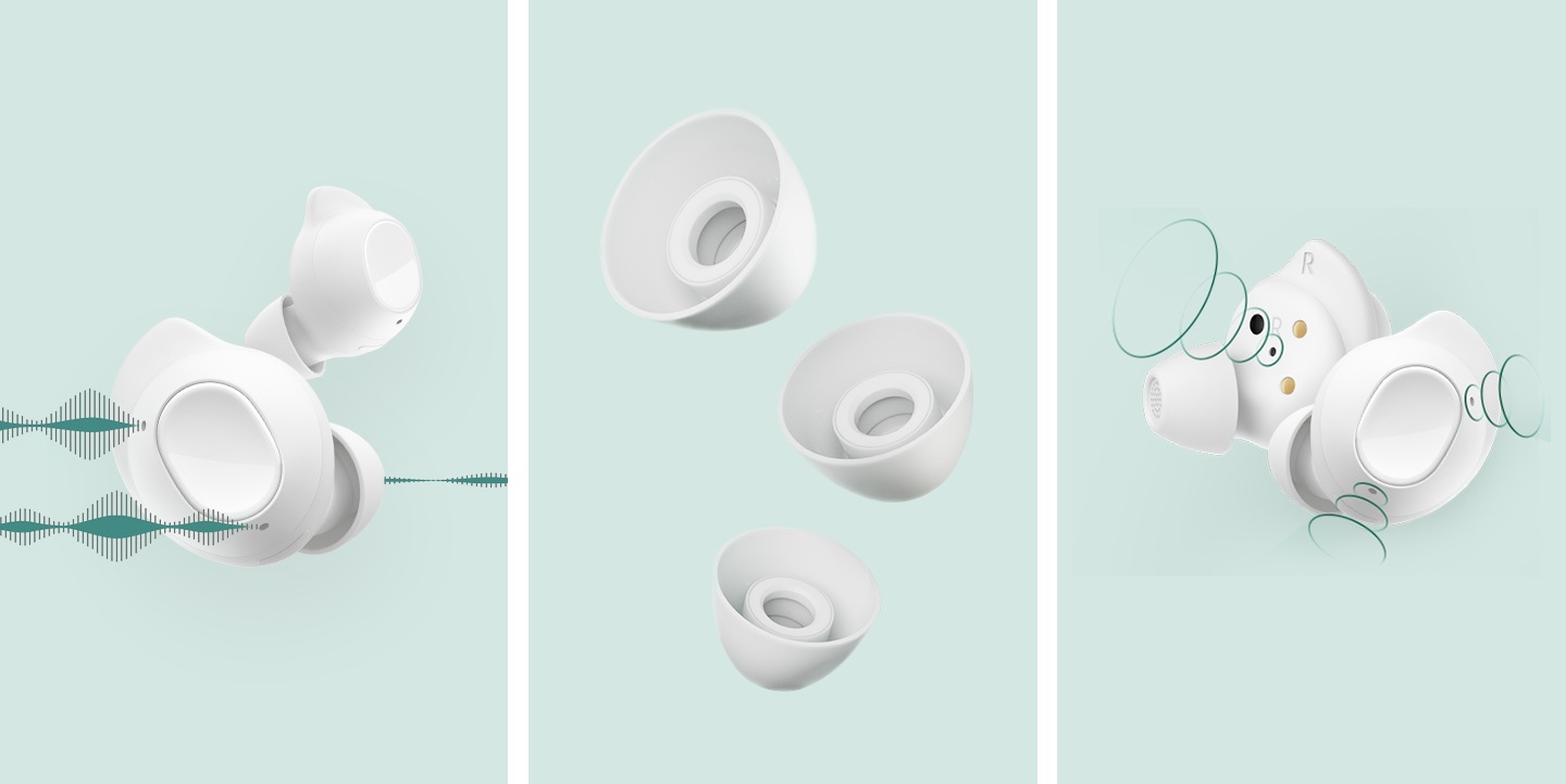 Gros plan de deux écouteurs Galaxy Buds FE en vol stationnaire. Trois embouts auriculaires de différentes tailles planant en formation. Un gros plan de deux écouteurs Galaxy Buds FE avec des ondes sonores provenant de leurs microphones intérieur et extérieur.