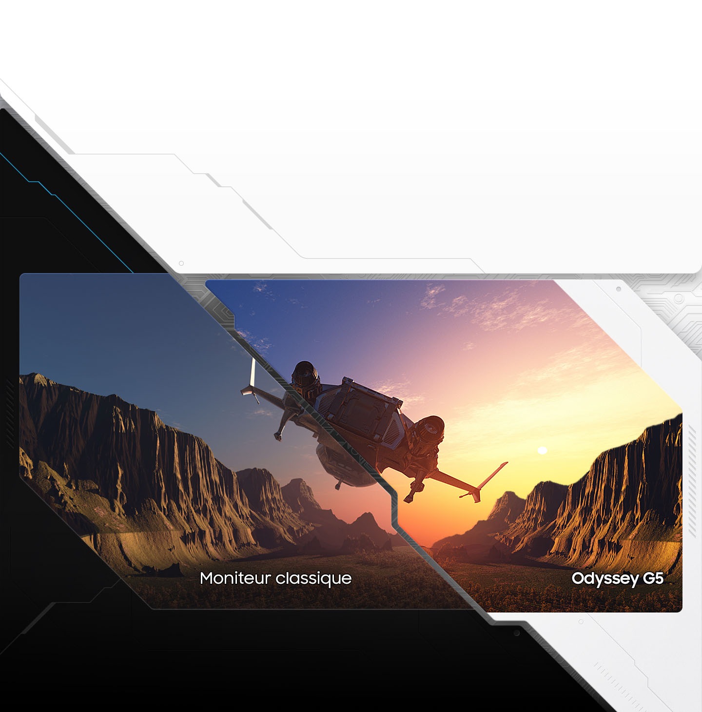 The monitor is split into two to show the difference between normal color range for Samsung conventional monitor and high contrast with Odyssey G5 for details that are more vibrant and noticeable.