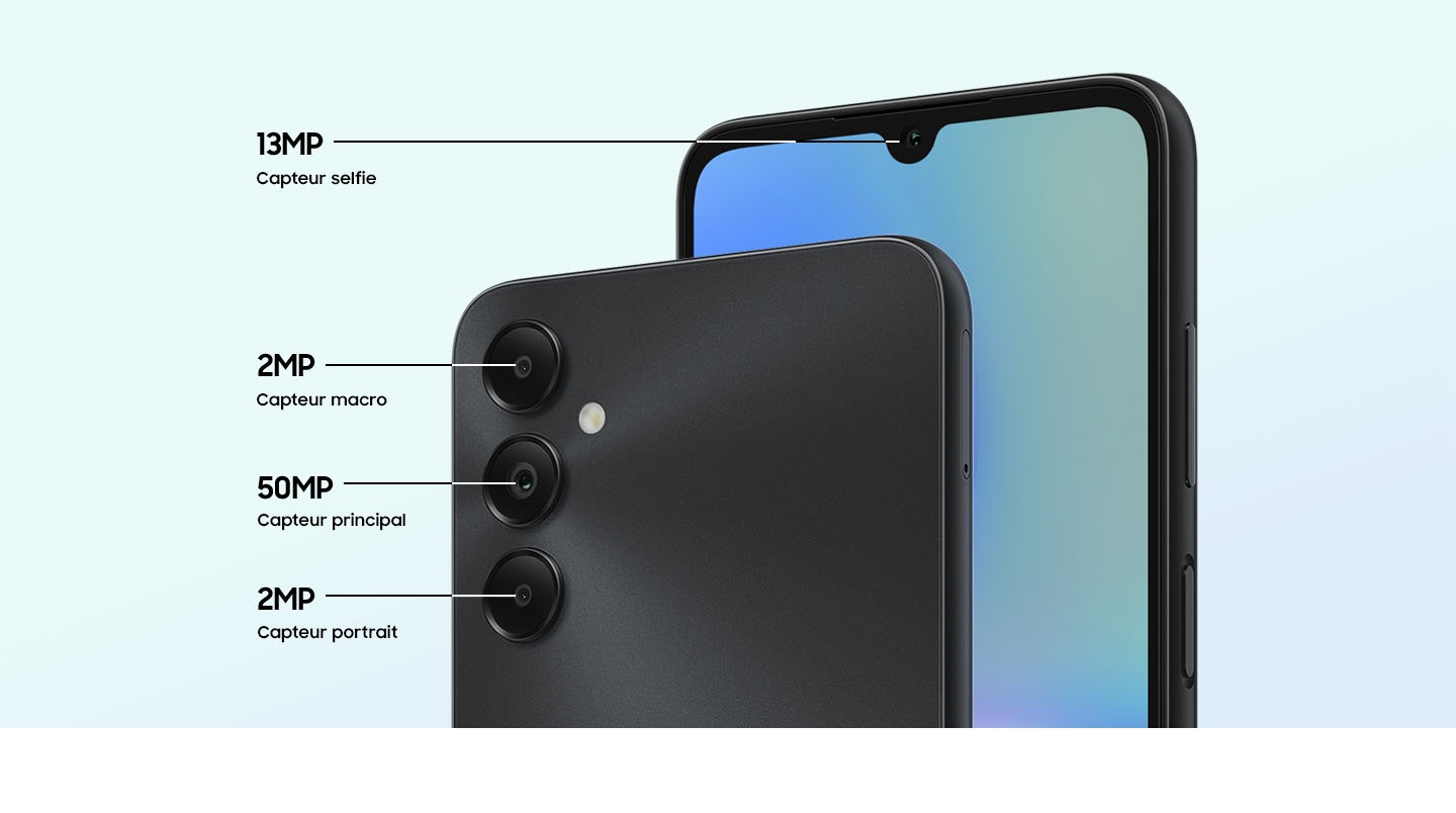 L'avant et l'arrière du Galaxy A05s sont montrés pour mettre en valeur ses quatre caméras multiples, dont la caméra frontale de 13MP, la caméra macro de 2MP, la caméra grand angle de 50MP et la caméra de profondeur de 2MP.