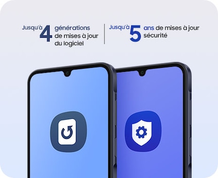 Two Galaxy A25 5Gs in Blue Black are side by side. On the screen of the first device is the OS Update icon. On the screen of the second device, the Knox Advanced Setting icon is shown. OS Upgrades up to 4 times, Security Updates up to 5 years.