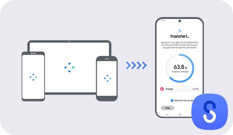 Various smartphones and tablets on the left are shown transferring data to a Galaxy A25 5G on the right using Smart Switch. On-screen of the Galaxy A25 5G shows the transfer progress at 63.8%.