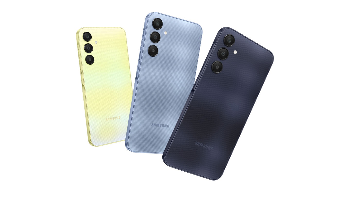 Four Galaxy A25 5G devices in Yellow, Light Blue, Blue and Blue Black, in order of left to right as well as furthest to nearest, are showing their backcovers.