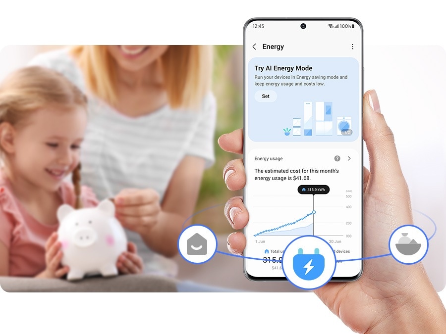 Vizual ilustrând o persoană care își controlează datele frigiderului prin intermediul smartphone-ului și al aplicației SmartThingsTM.