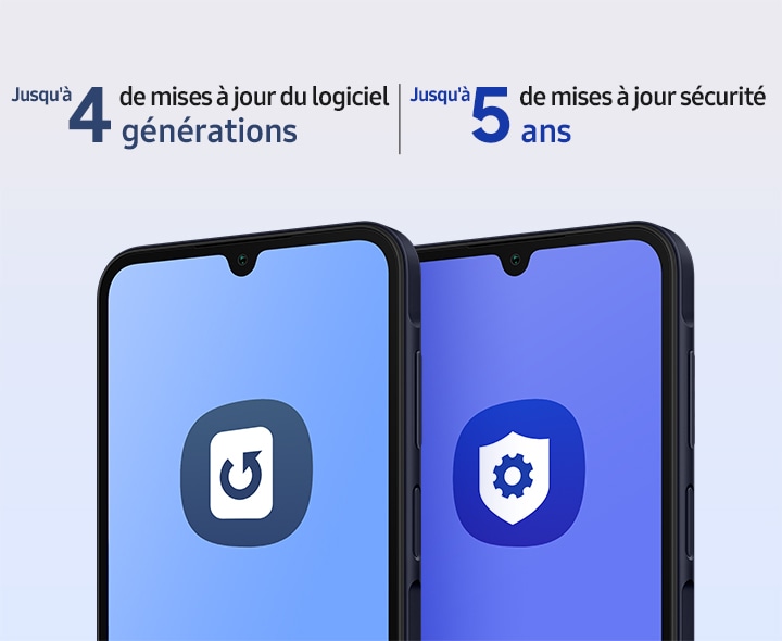 Deux Galaxy A15s en bleu nuit sont côte à côte. Sur l’écran du premier appareil se trouve l’icône OS Update. Sur l’écran du deuxième appareil, l’icône Knox Advanced Setting s’affiche. Mises à niveau du système d’exploitation jusqu’à 4 fois, mises à jour de sécurité jusqu’à 5 ans.